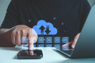 Person using smartphone and laptop with secure cloud storage icon and document file transfer concept. Digital data protection and online backup with AI technology platform.