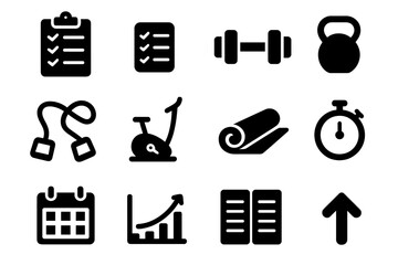 Workout Planning Icons. Workout planning. Solid icon set of Workout planning: exercise plan, checklist, dumbbell, kettlebell, resistance band, cardio machine,