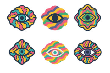 Psychedelic Eye Logos. Psychedelic and trippy designs. Icon set. Set Logo of psychedelic: floating third eye. harmonious logo variations of the same emblematic