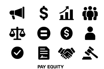 Pay Equity Icons. Pay Equity Campaign. Solid icon set of Pay Equity Campaign: megaphone, dollar sign, chart, group, scale, equality icon, coin, person,