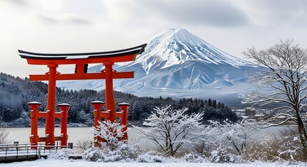 Snowy landscape featuring traditional gate and mountain with a cloudy sky