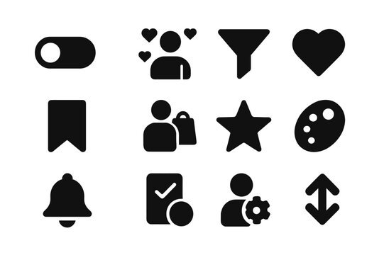 User Preferences Icons. User preferences. Solid icon set of User preferences: toggle switch, user interests, filter icon, wishlist, save icon, preferred