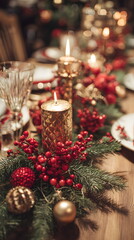 Elegant Christmas Dinner Scene With Pine and Candles