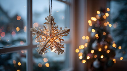 Magical Christmas Tree Bokeh Behind Straw Star On Window
