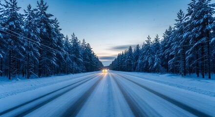 Snowy road through winter forest landscape with car headlights at dusk