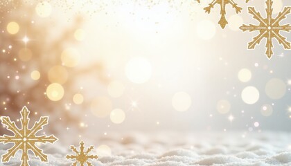 Winter snowflakes and bokeh light background in festive gold  