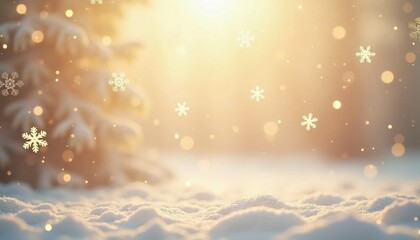 Soft snowfall in winter landscape with sparkling sunlight glow  