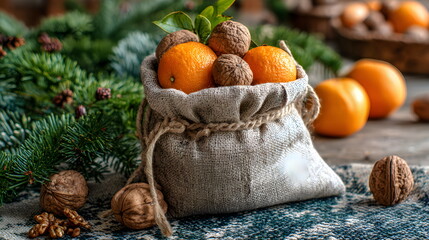 Eco Santa Bag with Hemp Fabric Filled with Organic Oranges and Nuts – Natural Christmas Still Life