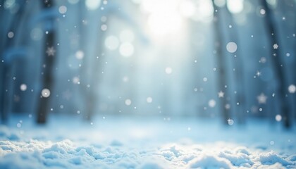 Snowy forest landscape with sunlight and falling snowflakes  