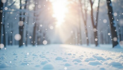 Snowy landscape with sunlight shining through trees in winter  