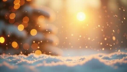 Snowfall on ground with sunlight illuminating winter landscape  