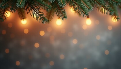 Evergreen branches with warm lights creating festive atmosphere  