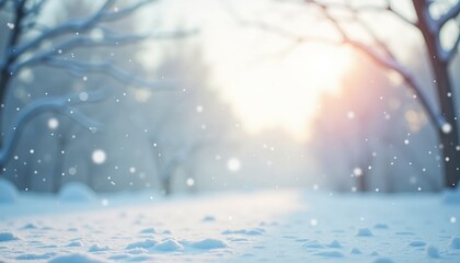 Snowy winter landscape with falling snow and sunlight filtering through trees  