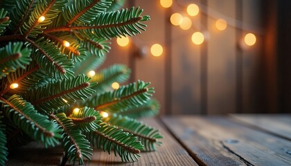 Christmas tree branches with warm lights on rustic wooden background  