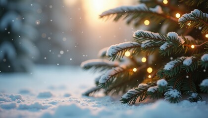 Snow-covered Christmas tree with lights in winter setting  
