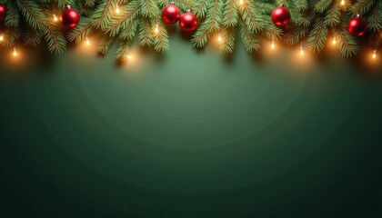 Christmas decoration with lights and ornaments on green background  