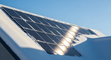 Solar panels on a snow covered roof against a clear blue sky