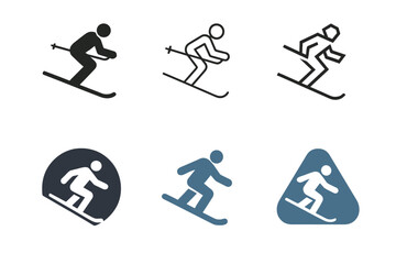 Winter Sports Icons. Skiing or snowboarding down a snowy mountain slope. Icon set. Set Logo of winter sports scene. harmonious logo variations of the same