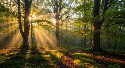 Sunlight streams through forest trees creating a natural scenic landscape