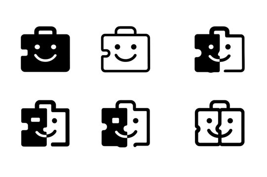 Work-Life Logo Variations. Work-life blend. Icon set. Set Logo of Work-life blend: Two puzzle pieces (briefcase & smile). harmonious logo variations of the