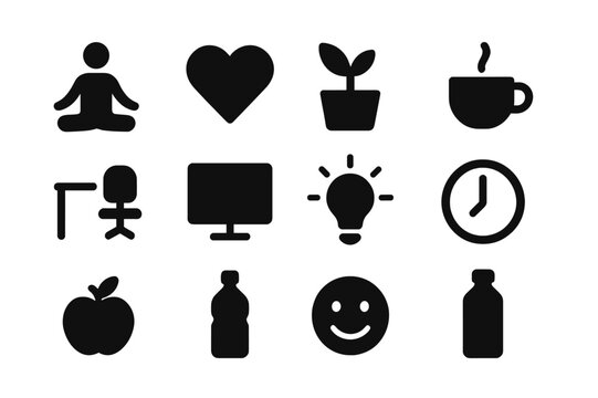 Workplace Wellness Icons. Wellness at work. Solid icon set of wellness at work: yoga pose, heart, plant, coffee cup, desk, chair, computer, light bulb, clock,