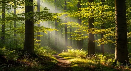 Sunlit forest path trees and foliage with bright sunlight and shadows