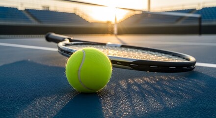Tennis ball and racket on a blue court with setting sun backdrop