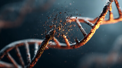Dna strand is breaking down, showing genetic mutation