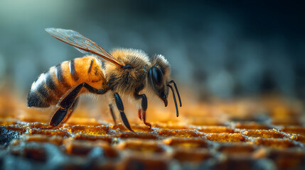 Insect Working On Honeycomb In Apiary. Life Of Carniolan Honey Bee In Hive.Macro