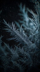 Frozen lace macro, dramatic frost crystals, dark glass contrast, sparkling winter detail