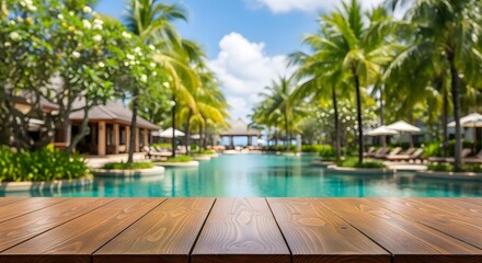 Tranquil resort pool scene lush palm trees clear waters and tropical setting