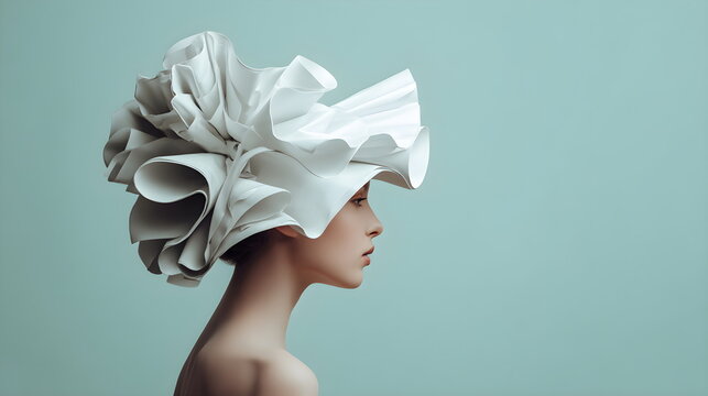 Sculptural fashion hat made of folded white paper, back view of model, clean aesthetic - Powered by Adobe