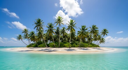 Tropical island with palm trees on turquoise water under blue sky