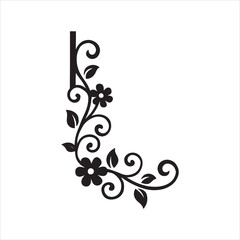 Elegant Floral Corner Design with Vine and Flowers in Black and White for Decoration and Invitations © Sharif