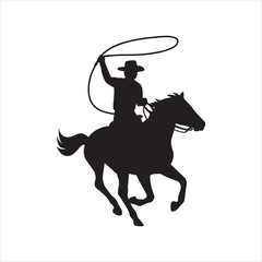 Silhouette of a Cowboy Riding a Horse and Spinning a Lasso on a White Background Image