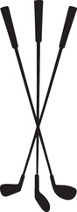 Silhouette of three golf clubs crossed offering a minimalist and modern athletic sporting goods design for golf enthusiasts