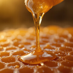 Delicious honey dripping on honeycomb close up shot