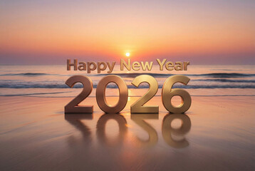 Golden happy new year 2026 text and numbers on a serene beach at sunrise