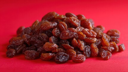 Obraz premium dried raisins red background copy space