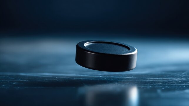 flying ice hockey puck blue background
