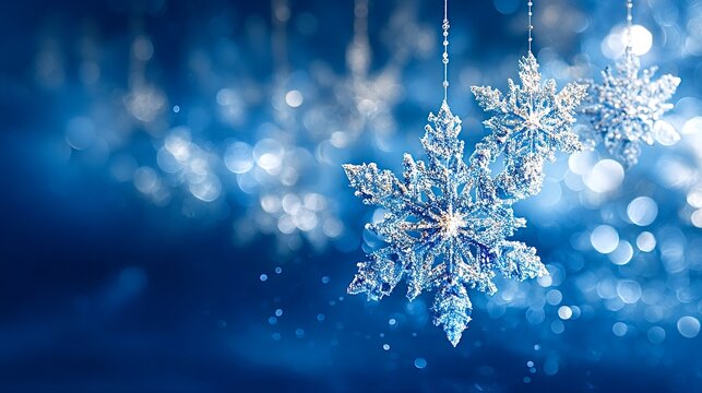 Glittering snowflakes decorating a blue winter christmas background bokeh - Powered by Adobe