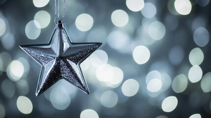 Silver star ornament with glitter hanging against blurred bokeh lights background creating festive and elegant atmosphere