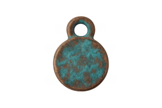 Old round metal tag with rust and patina