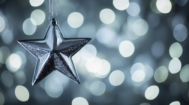 Silver star ornament with glitter hanging against blurred bokeh lights background creating festive and elegant atmosphere