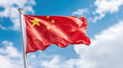 Chinese flag fluttering in the wind against a bright blue sky, showcasing vibrant colors and dynamic movement, symbolizing national pride and identity