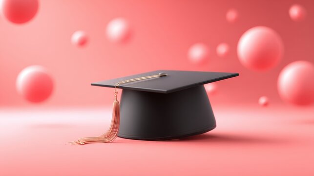 Black graduation cap with tassel on a soft pink background, surrounded by floating spheres, symbolizing educational achievement and celebration
