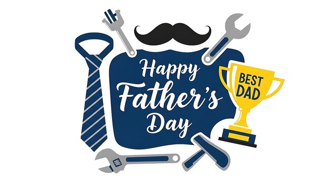 Festive Fathers Day Graphic with Tools and Trophy for Dad