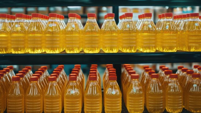 rows upon rows of glistening yellow fluid within translucent plastic bottles showcasing consistent placement on dark shelving structure