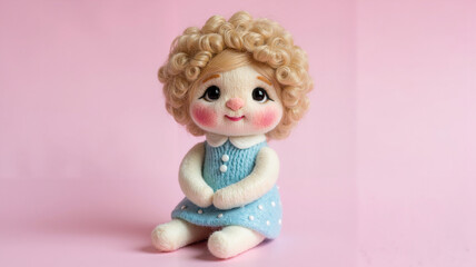 Fototapeta premium Charming handmade felt doll with a sweet smile and curly blonde hair in a blue dress sitting on a vibrant pink background for kids toy concept