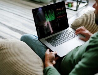 Middle Aged Day Trader Moving Around Downstairs of Home While Working Daily Trades on Stock Market Concept